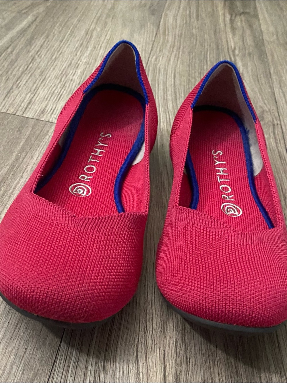 Rothy's Bright Pink Knit V-Cut Flats with Blue Trim - Picture 5 of 12